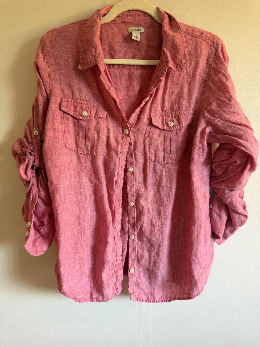 L.L.Bean 100% Linen Button Front Shirt Large Pink Roll Tab Sleeve Summer Blouse